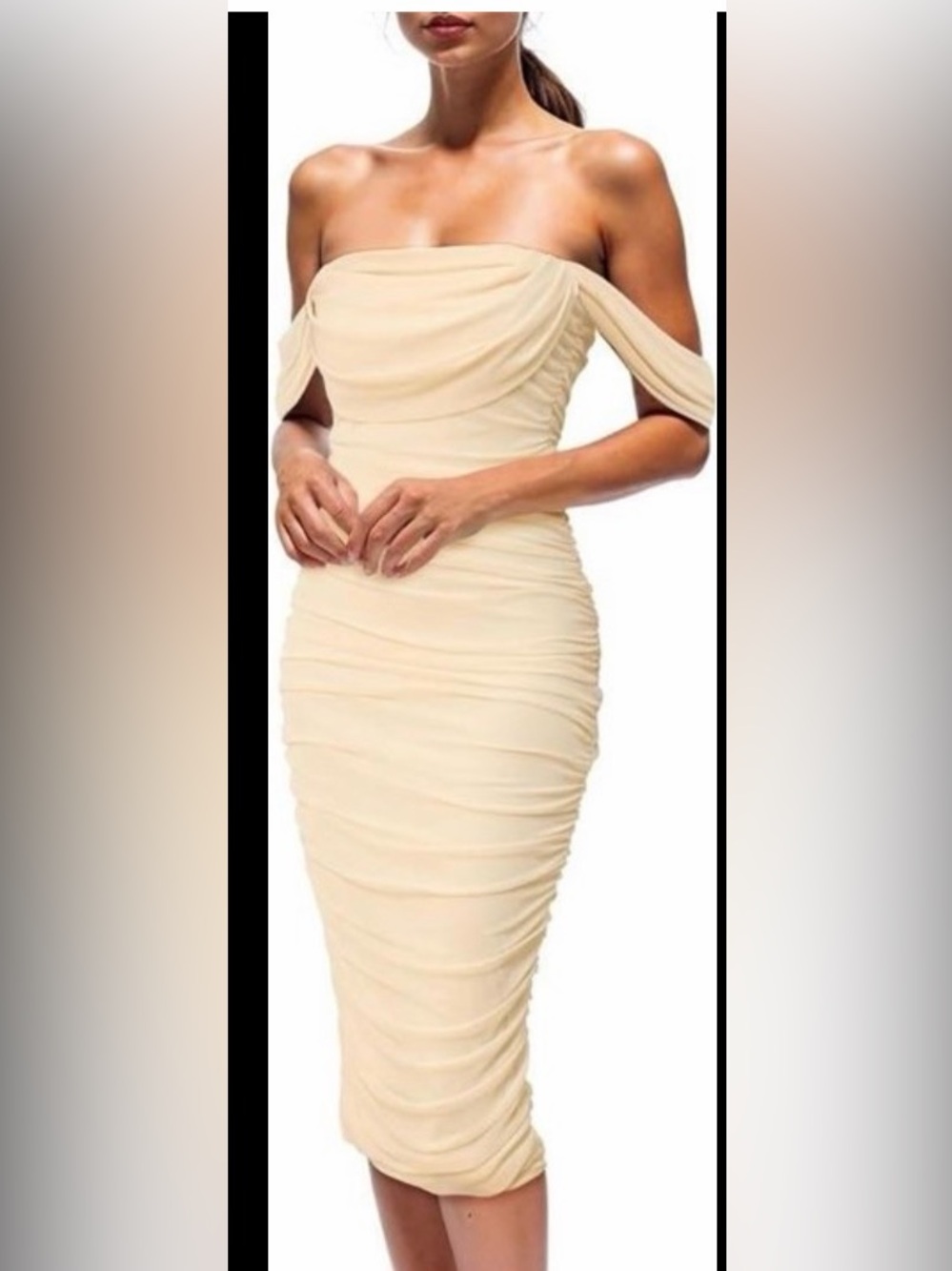 Elegant One-Shoulder Cream Ruched Midi Dress